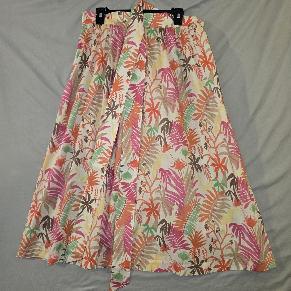 J.McLaughlin Midi Skirt 14 Womens Multicolor Tropical Palm Leaf Cotton Belted